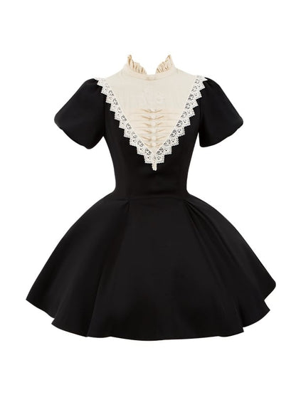 Black Beige Ruffle Banded Collar Lolita Short Dress