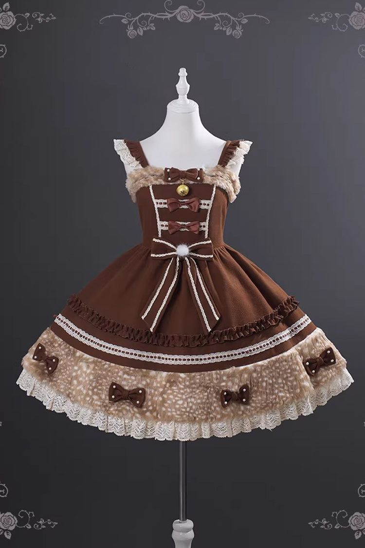 Brown Hazelnut Moose Sleeveless Ruffled Bow Plush Sweet Jsk Dress