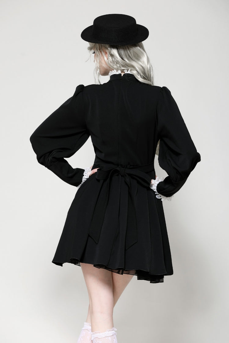 Monochrome Gothic Dress with Pleated Lace, Stand Collar, and Puff Sleeves