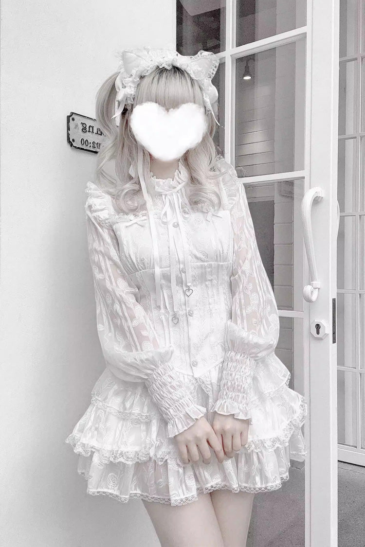 Triple-Layered Multi-Layered Jacquard Ruffled Lace-Up Gothic Jirai Kei Blouse and Pumpkin Shorts Set