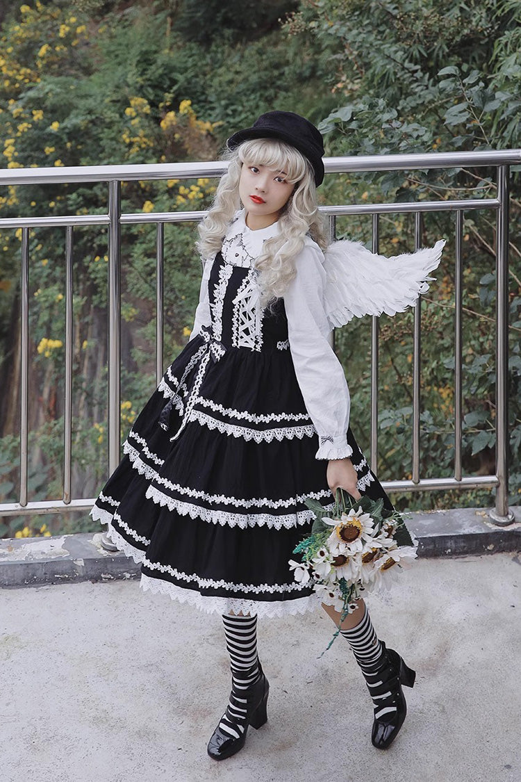 Black and White Three-Tiered Sweet Lolita Dress with Ribbon and Sleeveless