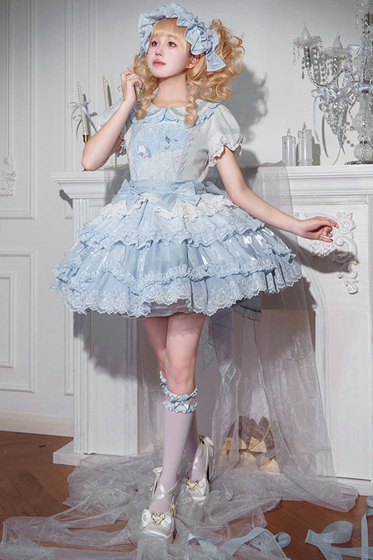 Whale Lapel Collar Short Sleeve Triple Ruffle Embroidered Sweet Lolita Dress