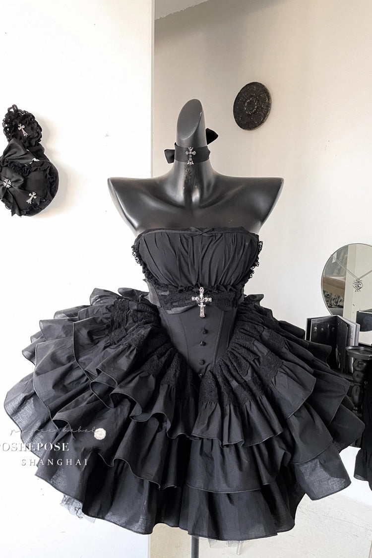 Sleeveless Black Lace Bowknot Triple-Layered Gothic Princess Dress