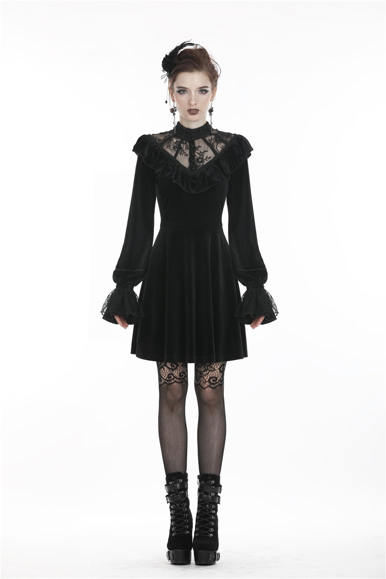 Black V-neck Long Sleeves Ruched Ruffled Lace Women's Lolita Gothic Velvet Dress