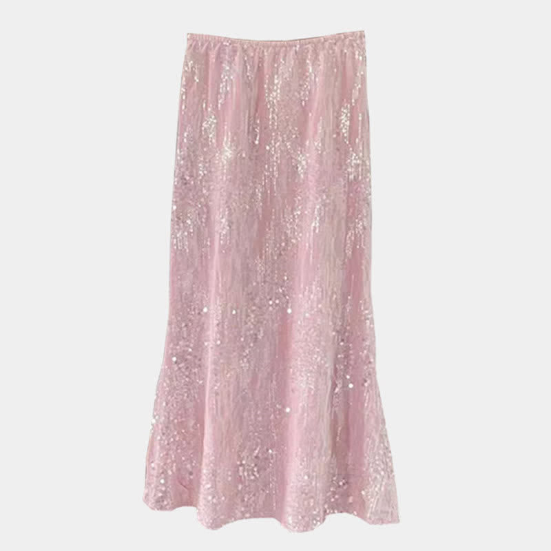 Enchanting Buckle Shirt Sequin Decor Pink Fishtail Skirt