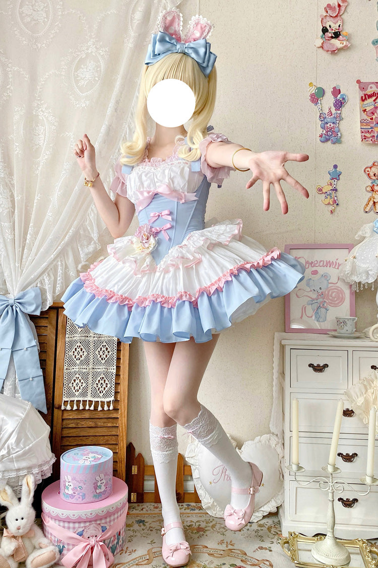 Light Blue Pink White Fairy Tale Overture Triple-Layered Ruffle Bow Fishbone Ballet Dress