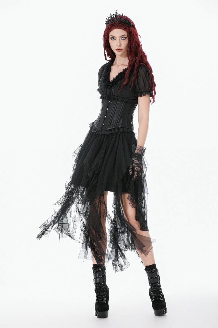 Matte Black Lace-Up Underbust Corset with Sheer Panels - Punk Style