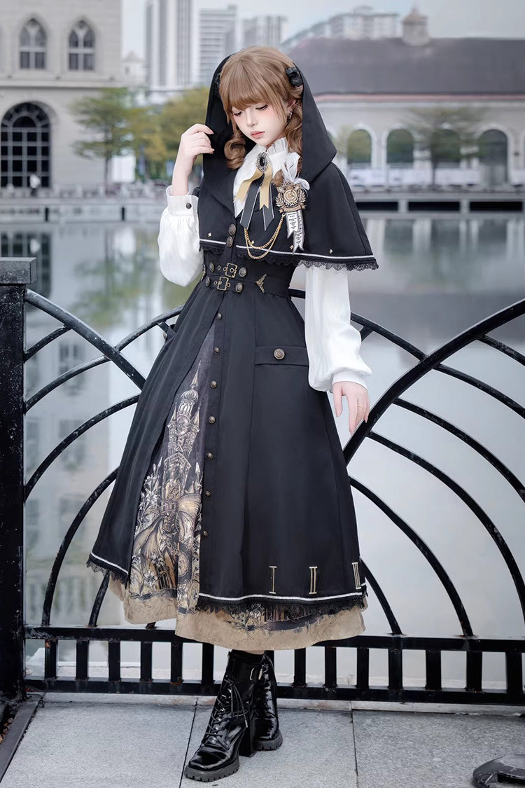 Long Sleeves Printed Embroidered College Style Gothic Vintage Lolita Dress Three-Piece Set - Dragon’s Aria
