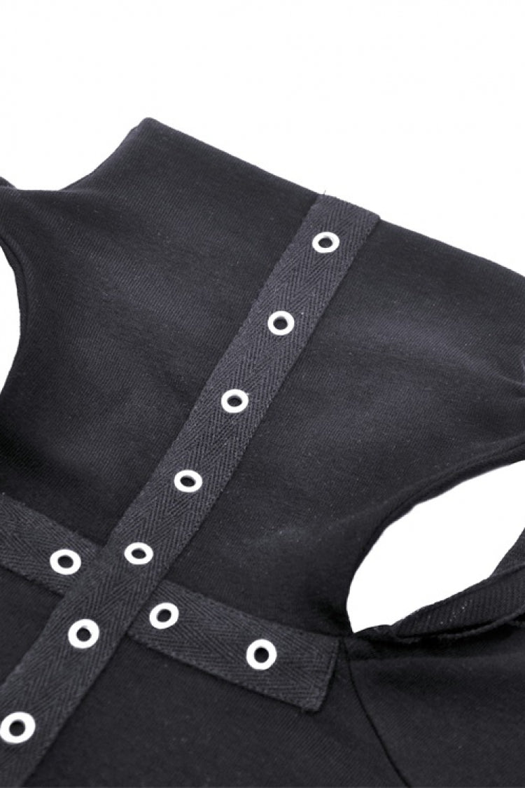 Raven Cross Eyelet Cut-Out Punk Crop Top with Ripped Hood for Women