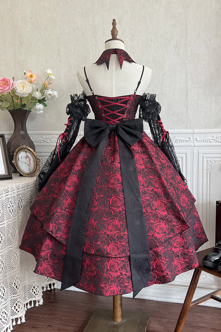 Crimson Rose Dish Ruffled Cardigan Bow Lace-Up Gothic Lolita Jumper Dress