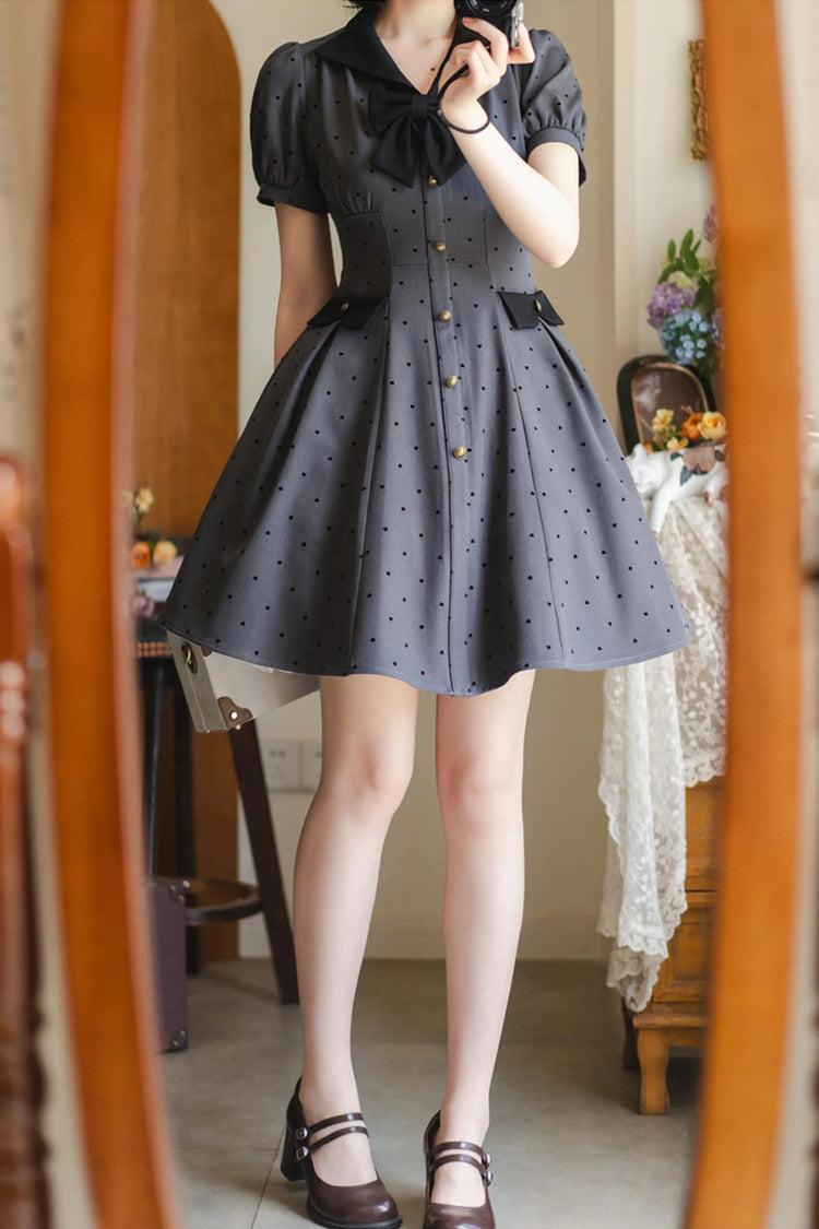 Ash Heart-Print Polka Dot Bow Sweet Lolita Gown