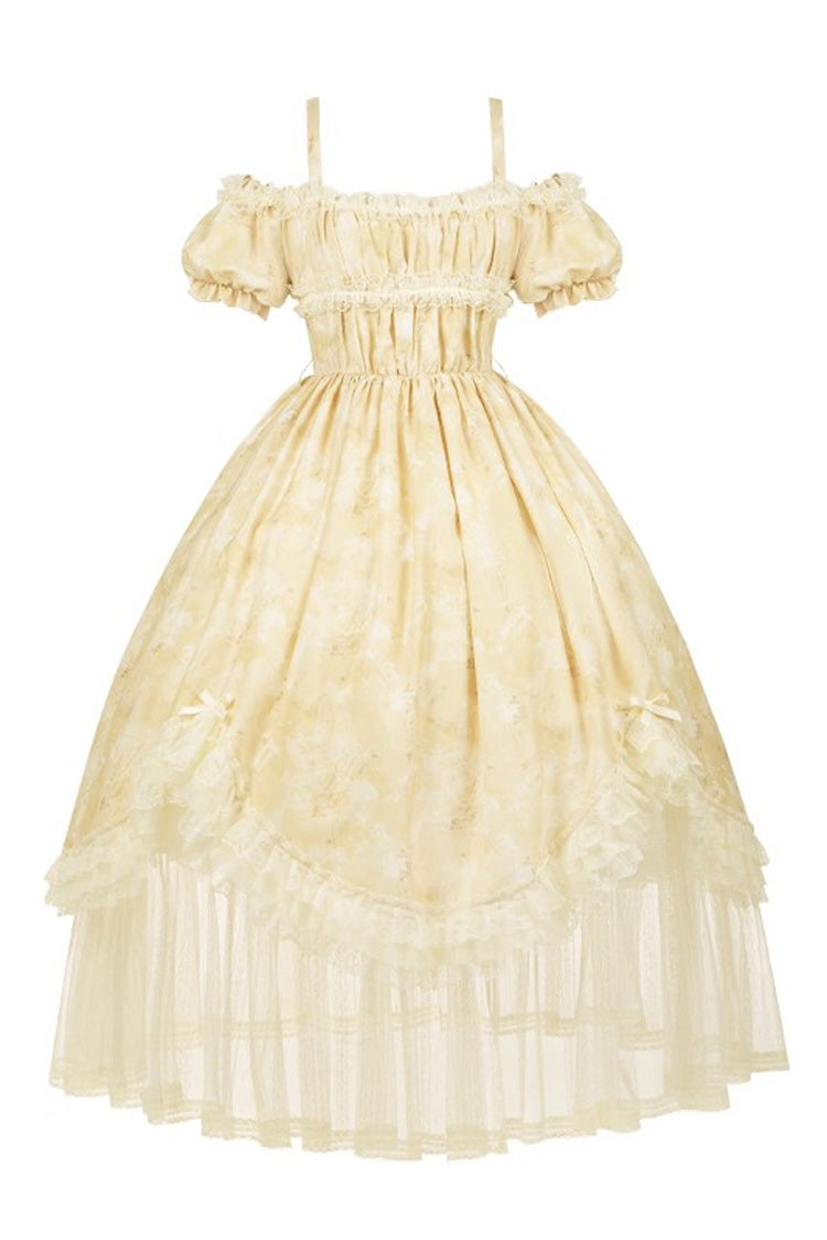 Golden Square Collar Short Sleeve Printed Ruffle Lace Sweet Elegant Long Gown - Falling Flowers as a Message
