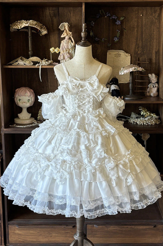 White [Spring Cherry Snowfall] Off Shoulder Short Sleeves Multi-Layered Ruffled Bow Sweet Lolita Jsk Dress