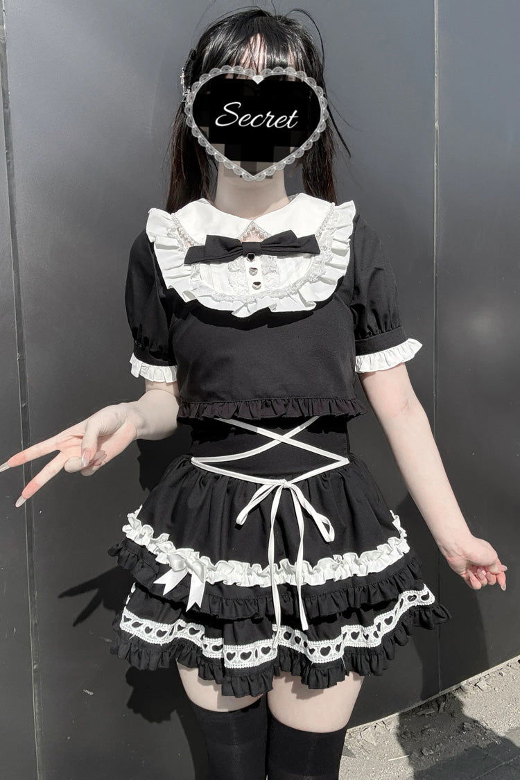 Double-Layered Skirt Set with Doll Collar and Bow Accents