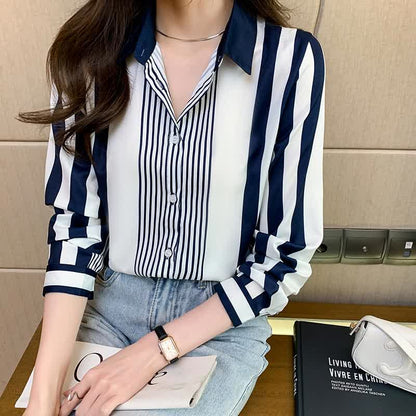 Stripe Print Long Sleeve Lapel Shirt Workwear