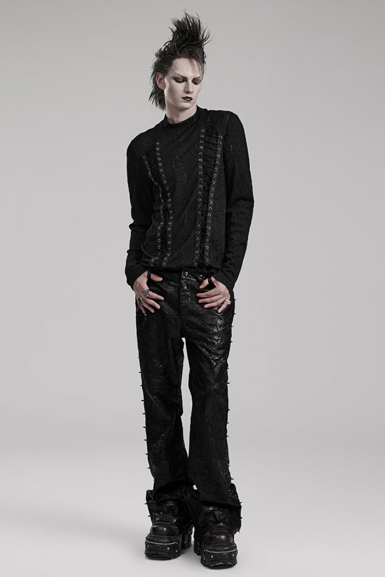 Jet Studded Pleated PU Leather Steampunk Trousers for Men