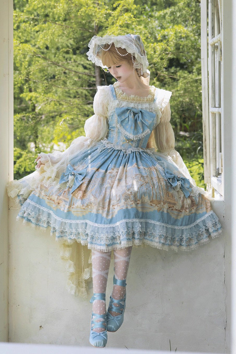 Unicorn Print Sleeveless Multi-Layer Embroidery Bow Lace Sweet Lolita Jumper Gown