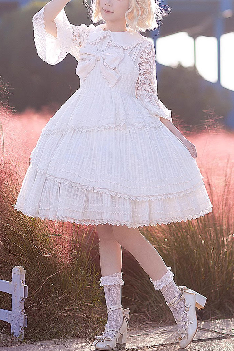 White Sweet Lolita Dress with Tower of Dawn Bowknot and Ruffled Sleeveless