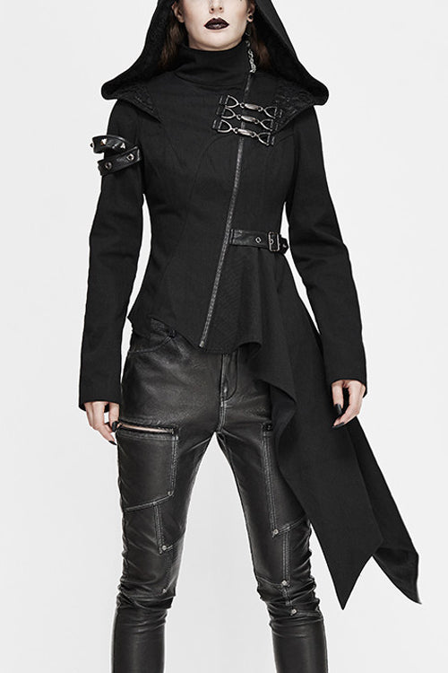 Women's Punk Jacket with Hooded Asymmetrical Zipper Design