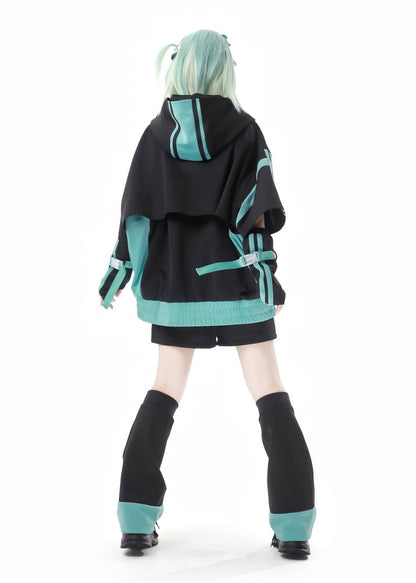 Black&Green Colorblock Zip Hoodie Jirai Kei Sweatshirt