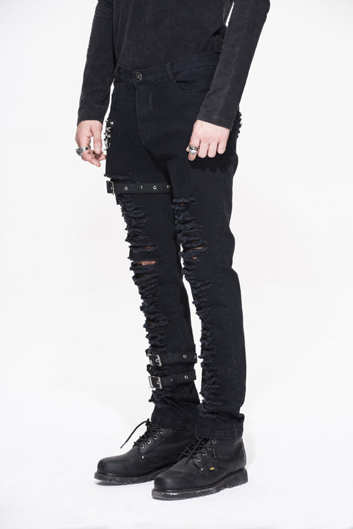 Midnight Metallic Grommet Belted Punk Trousers for Men