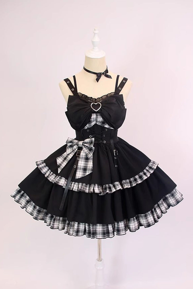 Monochrome Gothic JSK with Plaid, Leather Buckle, and Contrast Ruffles