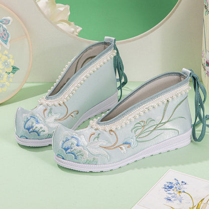 Vintage Embroidery Floral Print Pearl Trim Flats Shoes