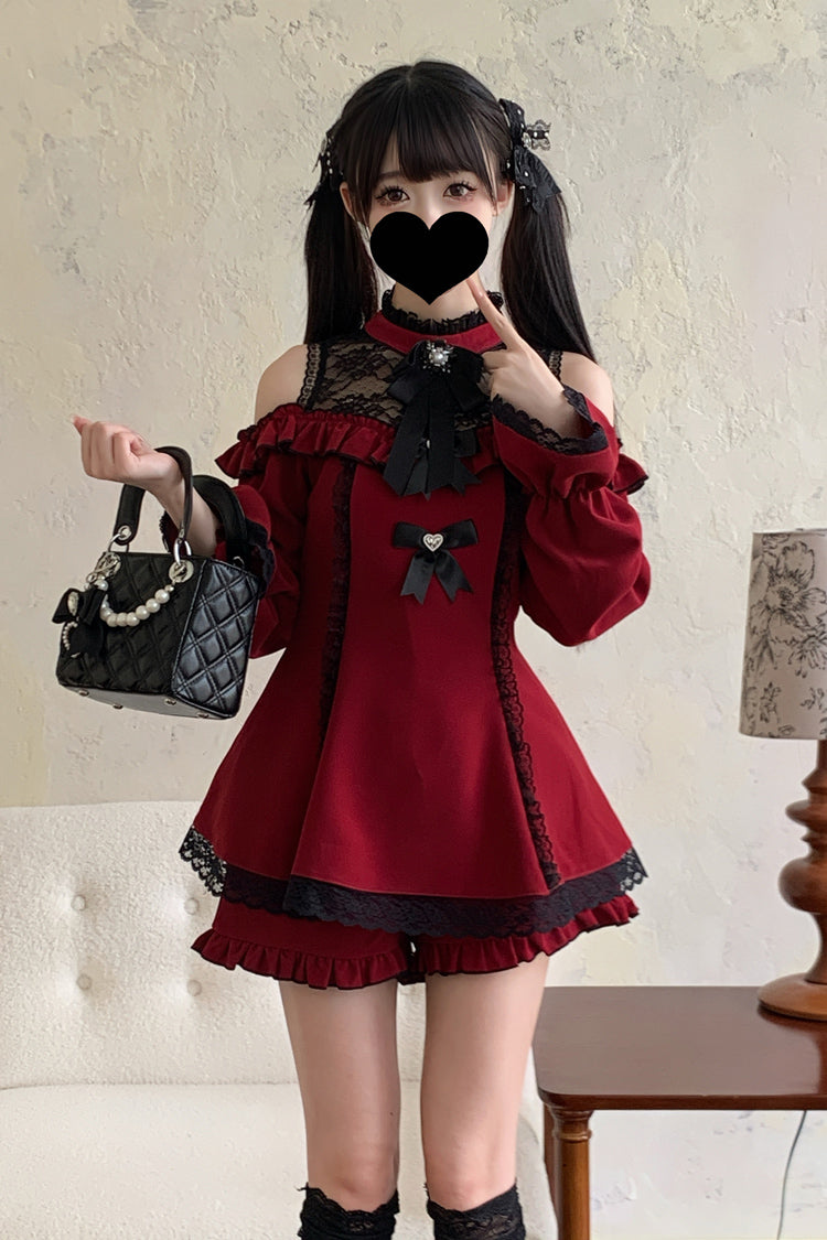Sweet Off Shoulder Halterneck Long Sleeve Ruffled Bow Lace Jirai Kei Dress Shorts Set