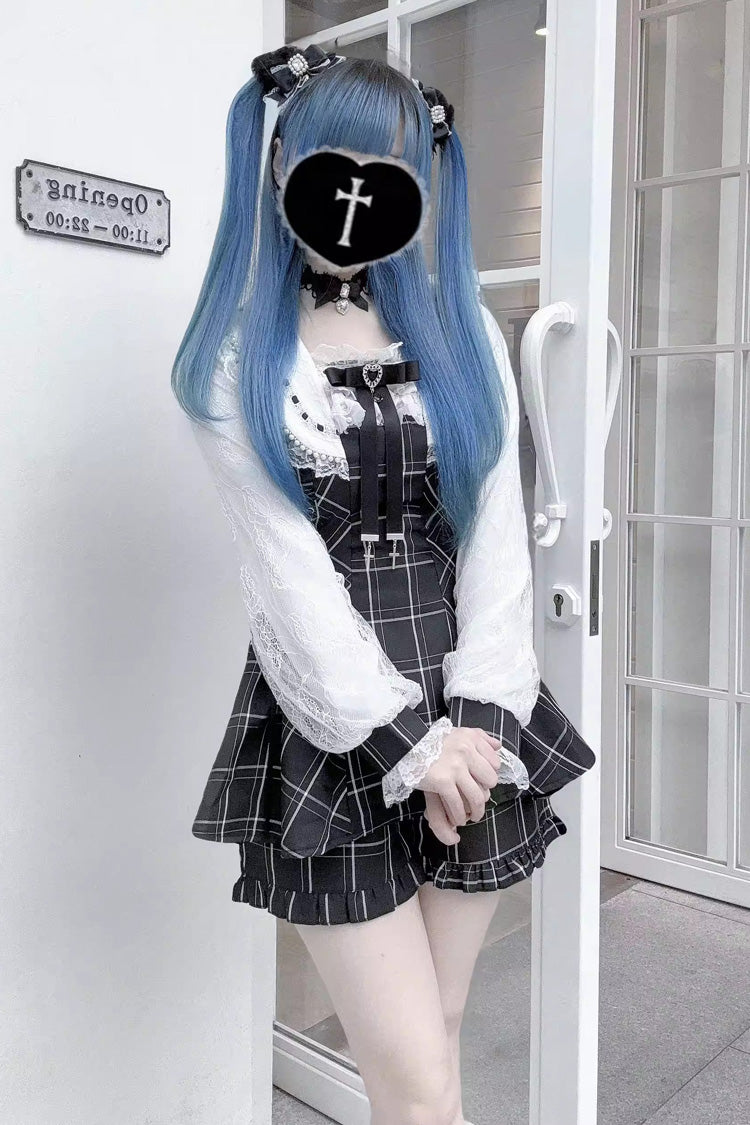 Square Collar Long Sleeves Printed Bow Lace Pearl-Decorated Gothic Japanese Dress Shorts