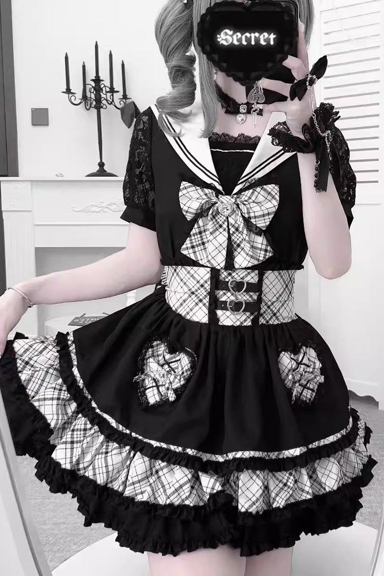 Monochrome Sailor Collar Bow Print Jirai Kei Skirt and Top Set