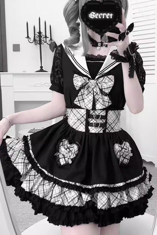 Monochrome Sailor Collar Bow Print Jirai Kei Skirt and Top Set