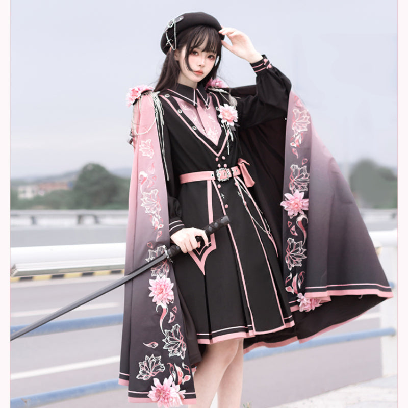 Black Pink Military Lolita Cape and Dress ON1089 MK Kawaii Store