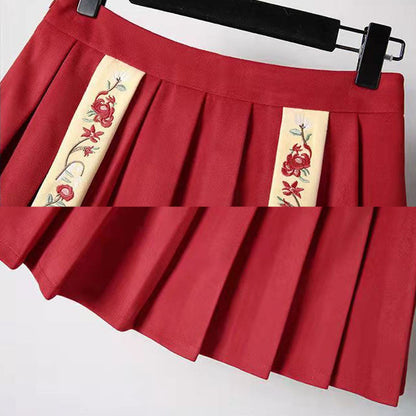 Red Flower Embroideried Hoodie Plush Pleated Skirt