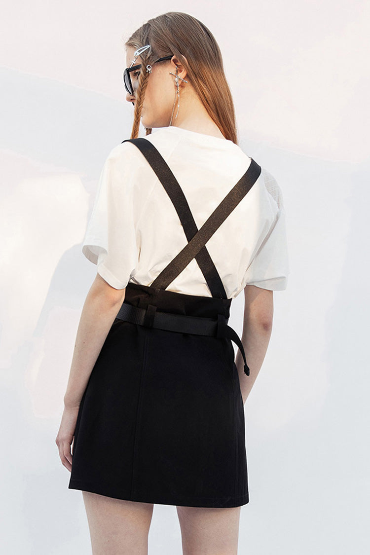 Slate Steel Ring Strap Buckled Split Hem A-Line Punk Skirt for Women