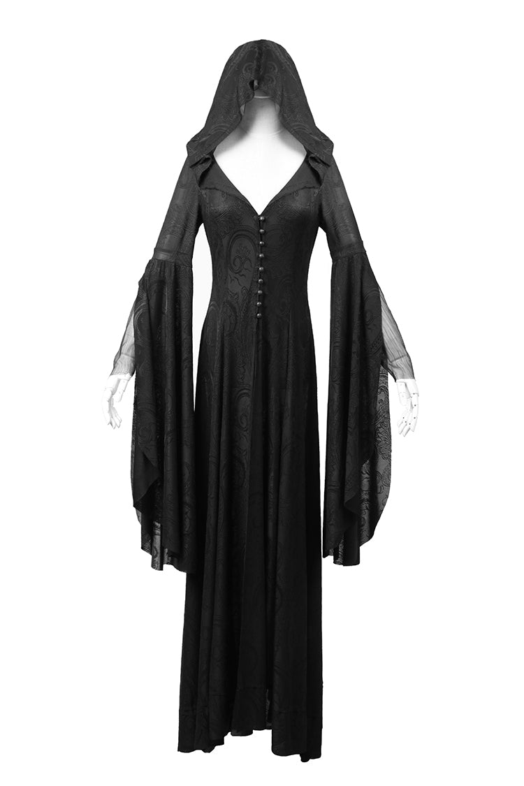 Women's Gothic Dress with Hooded Metal Buckle Long Trumpet Sleeves Embroidery