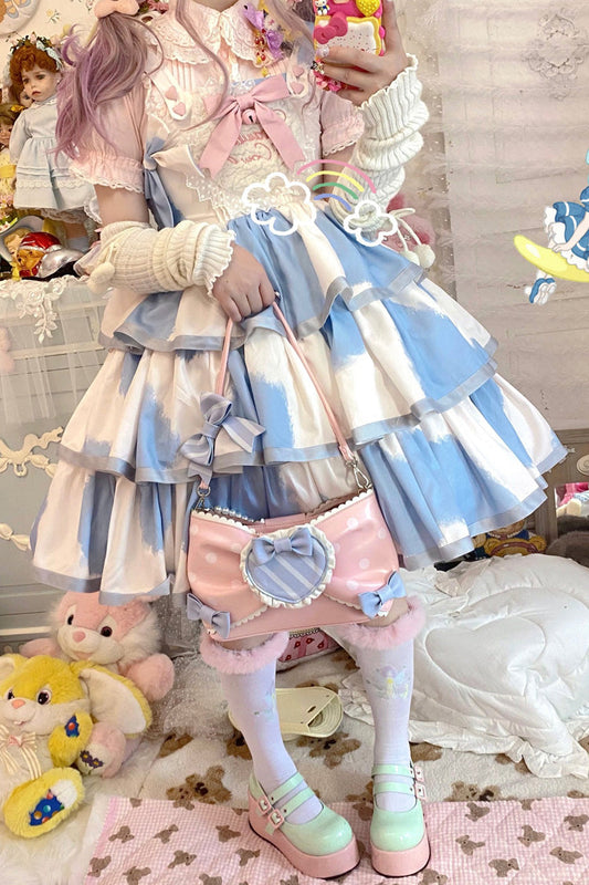 Blue Sleeveless Triple Layer Cow Print Ruffle Bow Sweet Jsk