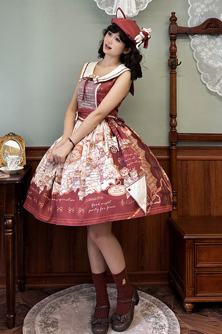 Wine Red Fox Print Square Collar Bowknot Classic Lolita Jumper