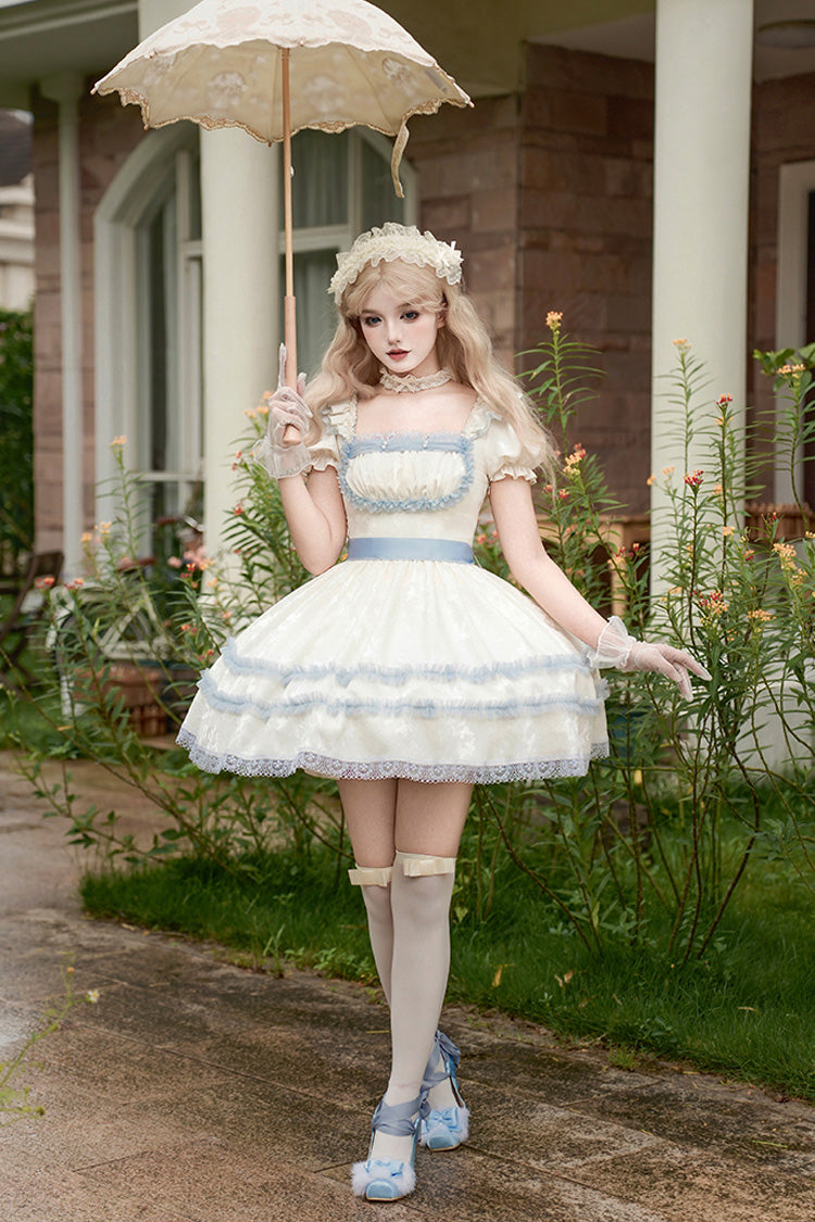 Ivory Square Collar Short Sleeve Ruffle Fishbone Sweet Short Dress - Sea Salt Iced Tea