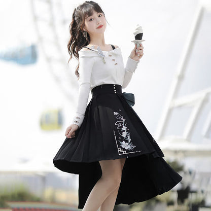 Sweet Embroidery Off The Shoulder Butterfly Shirt Irregualr Bow Pleated Skirt