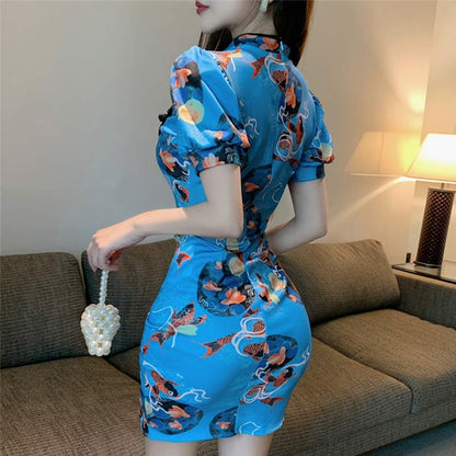 Charming Blue Floral Buckle Split Cheongsam Dress