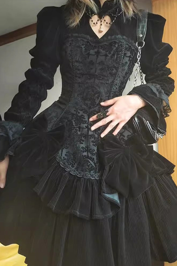 Black Gothic Lolita Long Sleeve Jacquard Print Ruffle Dress