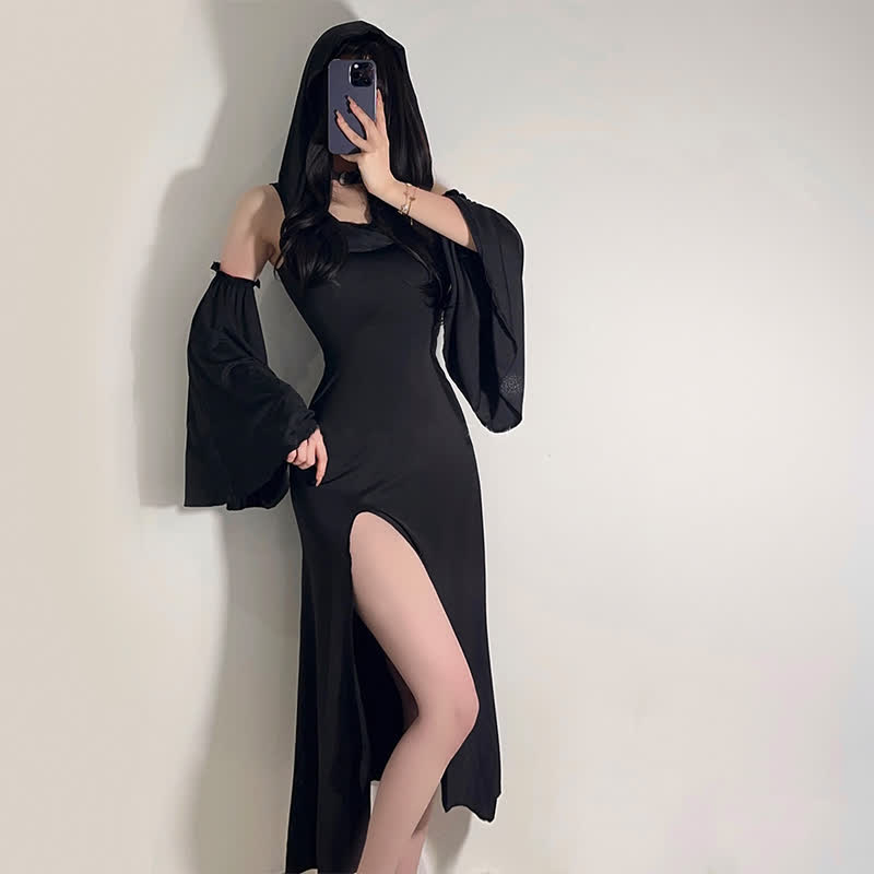 Black Witch Sleeveless Hooded Split Dress