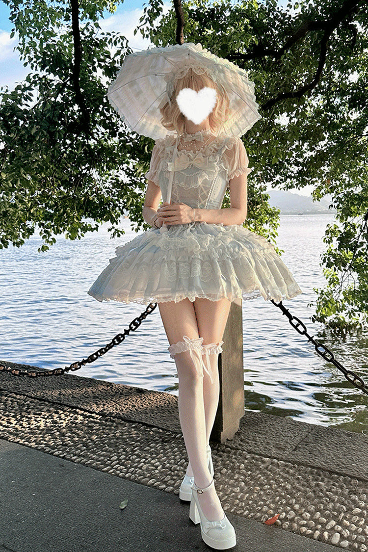 Cerulean Sleeveless Ruffle Bow Lace Corset Sweet Jumper Dress - Candy House