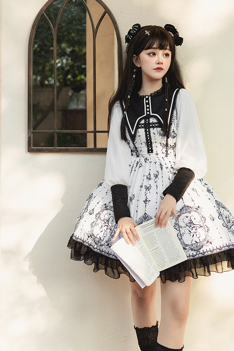 Monochrome Lace Butterfly Print Gothic Lolita One-Piece Dress