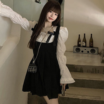 Sweet Square Collar Puff Sleeve Shirt Pleated Suspender Skirt Set