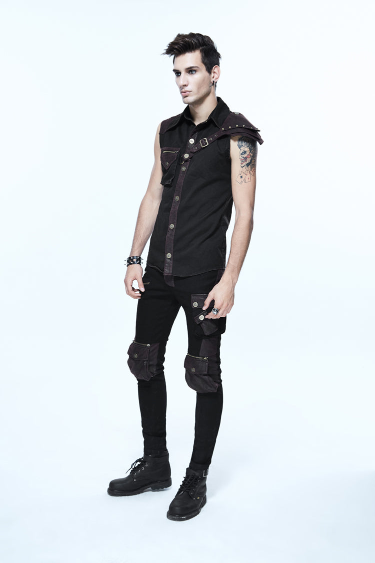 Sleeveless Punk Shirt with Armor Shoulder and Hasp