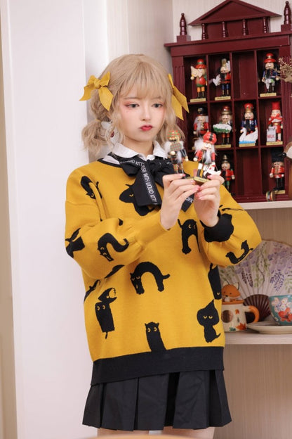 Halloween Black Cat Lolita Sweater with Tie