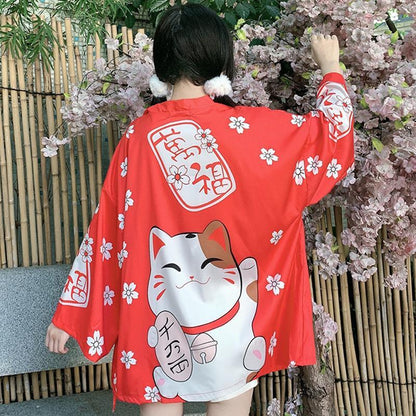 Charming Lucky Cat Sakura Print Loose Outerwear Kimono