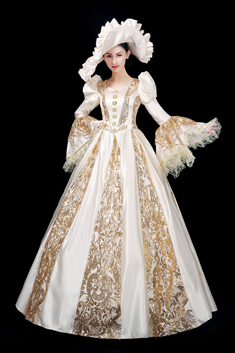 Golden Hollow Print Victorian Gown - Trumpet Long Sleeves