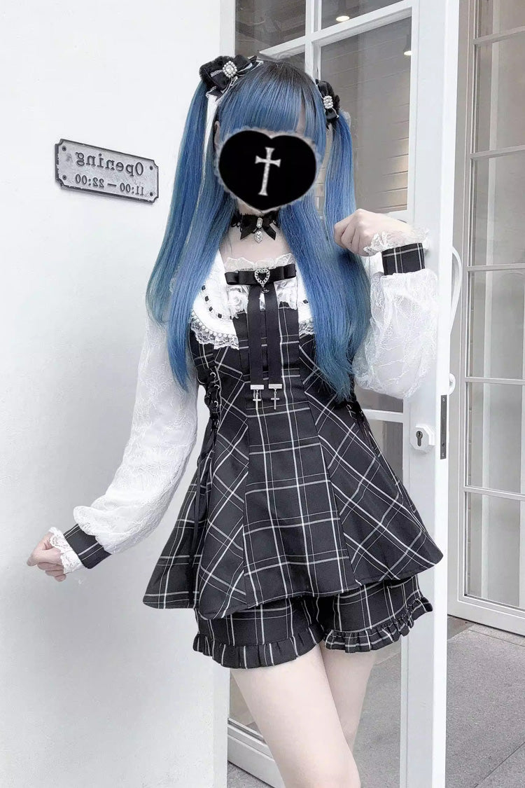 Square Collar Long Sleeves Printed Bow Lace Pearl-Decorated Gothic Japanese Dress Shorts
